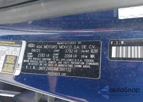 2021 Kia Forte Lxs из США, поврежденный, VIN 3KPF24AD4ME360155